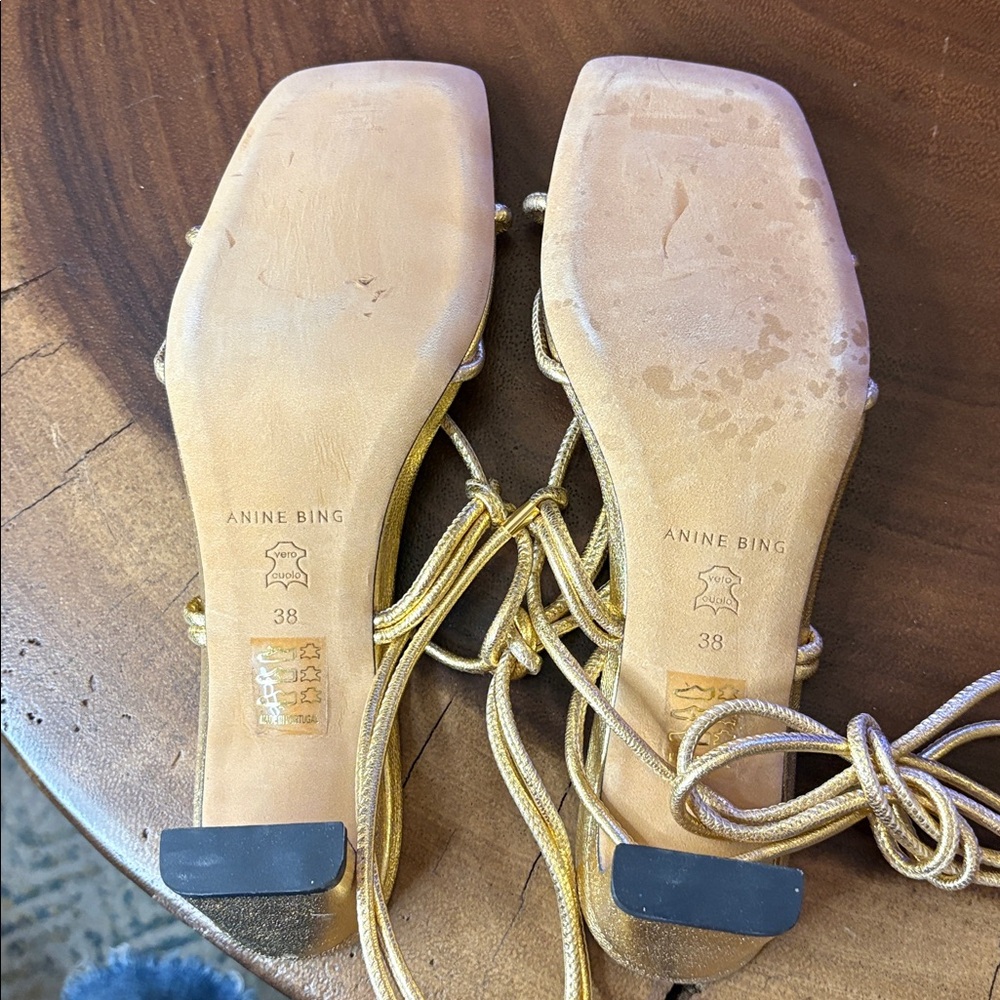 Anine Bing Graham Ankle Wrap Gold Sandals Size 38 - Picture 9 of 11